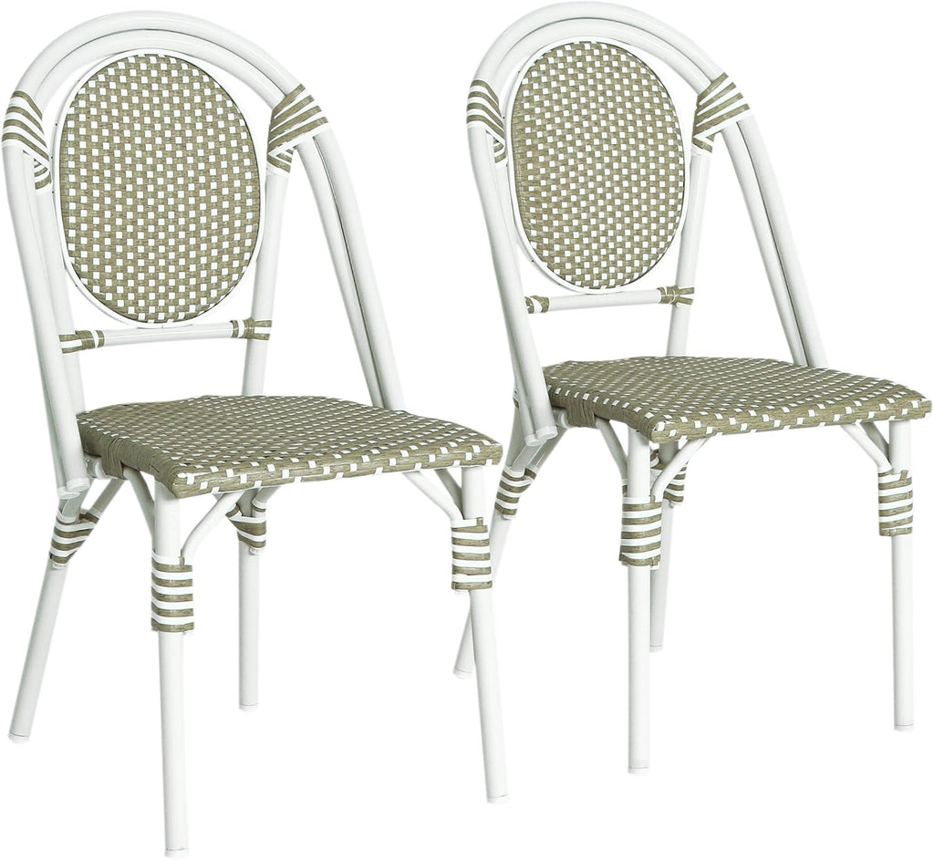 Christopher Knight Home Gammy Outdoor French Bistro Chairs Set of 2, Aluminum Patio Dining Chairs Set of 2, PE Rattan Patio Furniture Armless Accent Chair for Garden/Backyard/Balcony, Green + White