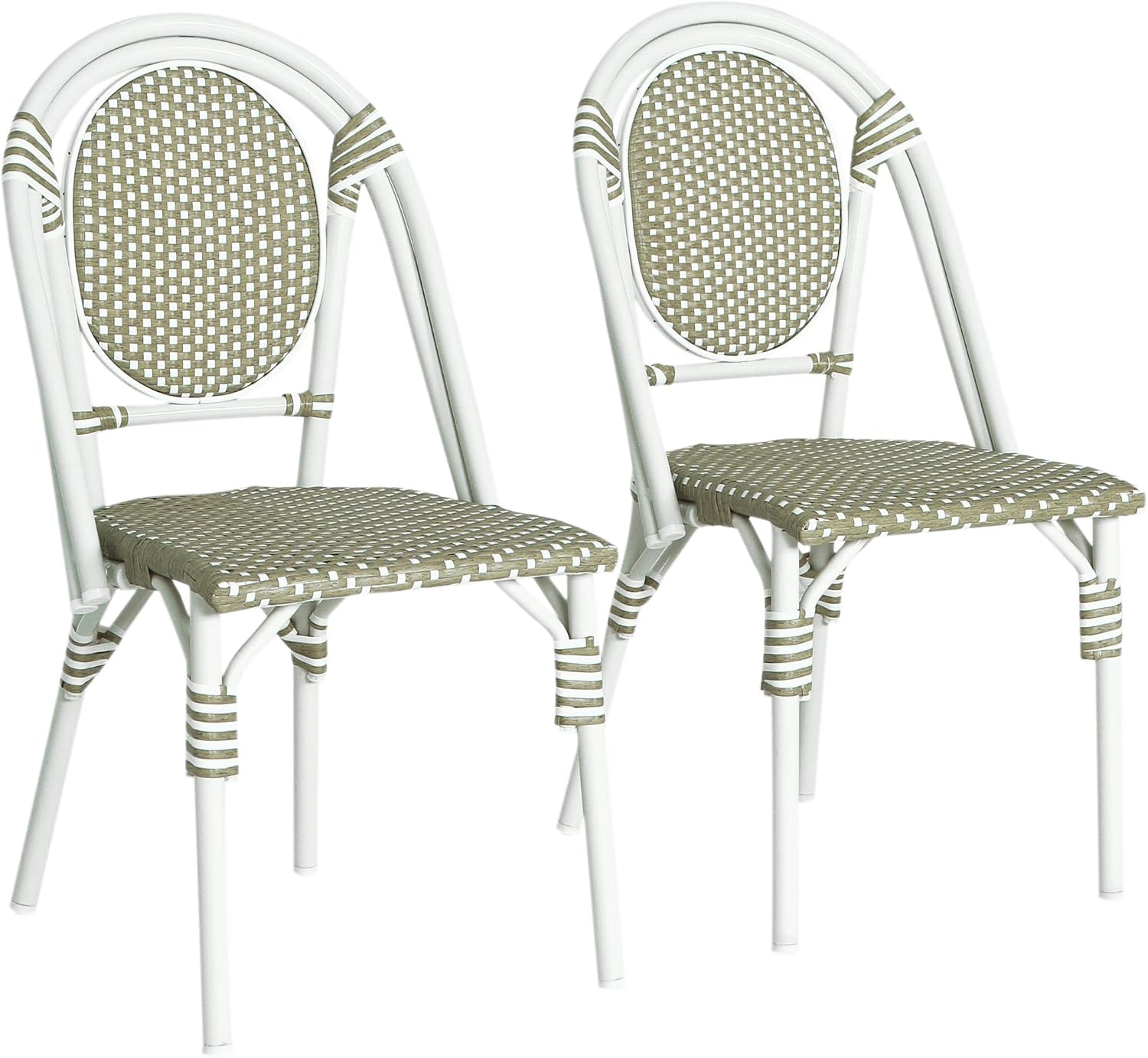 Christopher Knight Home Gammy Outdoor French Bistro Chairs Set of 2, Aluminum Patio Dining Chairs Set of 2, PE Rattan Patio Furniture Armless Accent Chair for Garden/Backyard/Balcony, Green + White