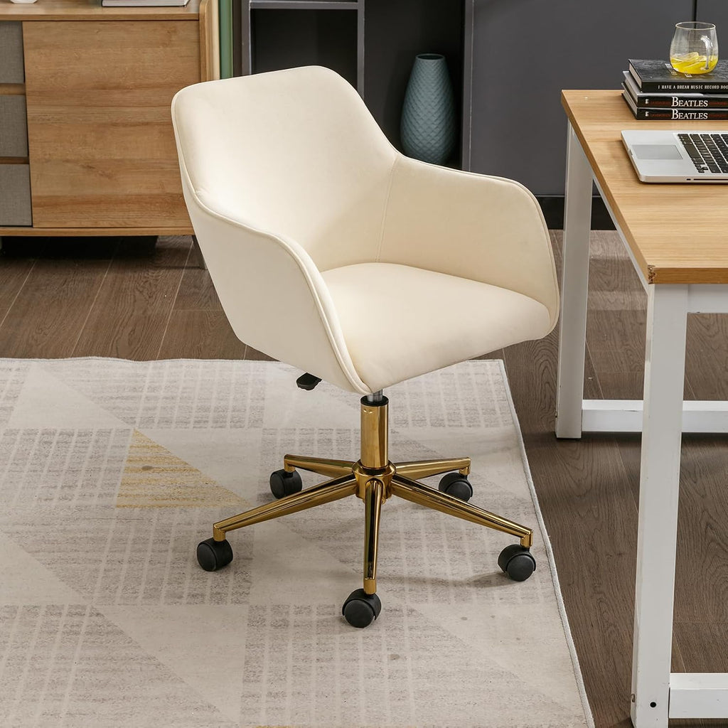 Modern Velvet, Height Adjustable, 360° Swivel Office Chair, Upholstered Cosmetic Dresser Armchair with Metal Feet and Backrest, Bedroom Furniture Beige