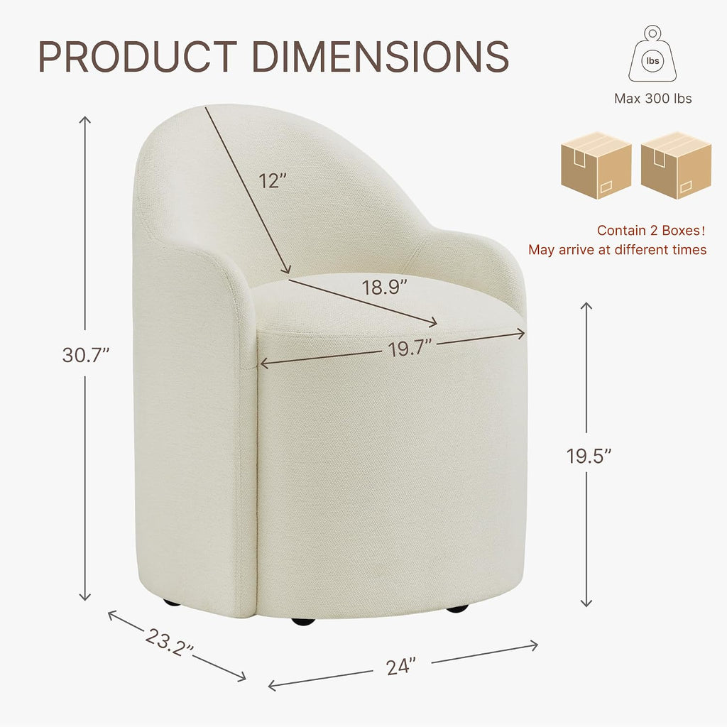 KISLOT Upholstered Dining Chairs with Casters, No Assembly Modern Dining Room Chairs Accent Vanity Chair with 5 Wheels & Round Backrest for Bedroom, Living Room, Dressing, Linen Fabric, Set of 2
