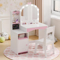 Girls Vanity Table and Chair Set, Kids Vanity with Jewelry Organizer for Princess, Toddler Makeup Vanity Desk with Open Shelf, Closed Cabinet and Butterfly Pattern, White