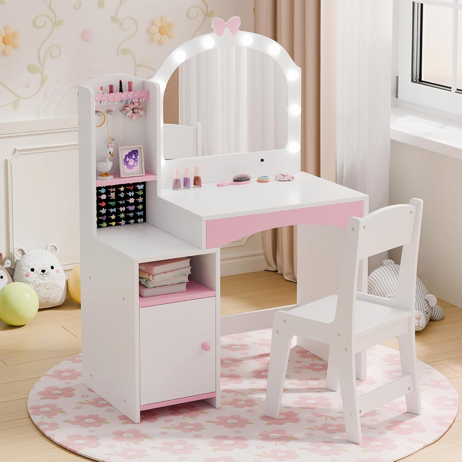 Girls Vanity Table and Chair Set, Kids Vanity with Jewelry Organizer for Princess, Toddler Makeup Vanity Desk with Open Shelf, Closed Cabinet and Butterfly Pattern, White
