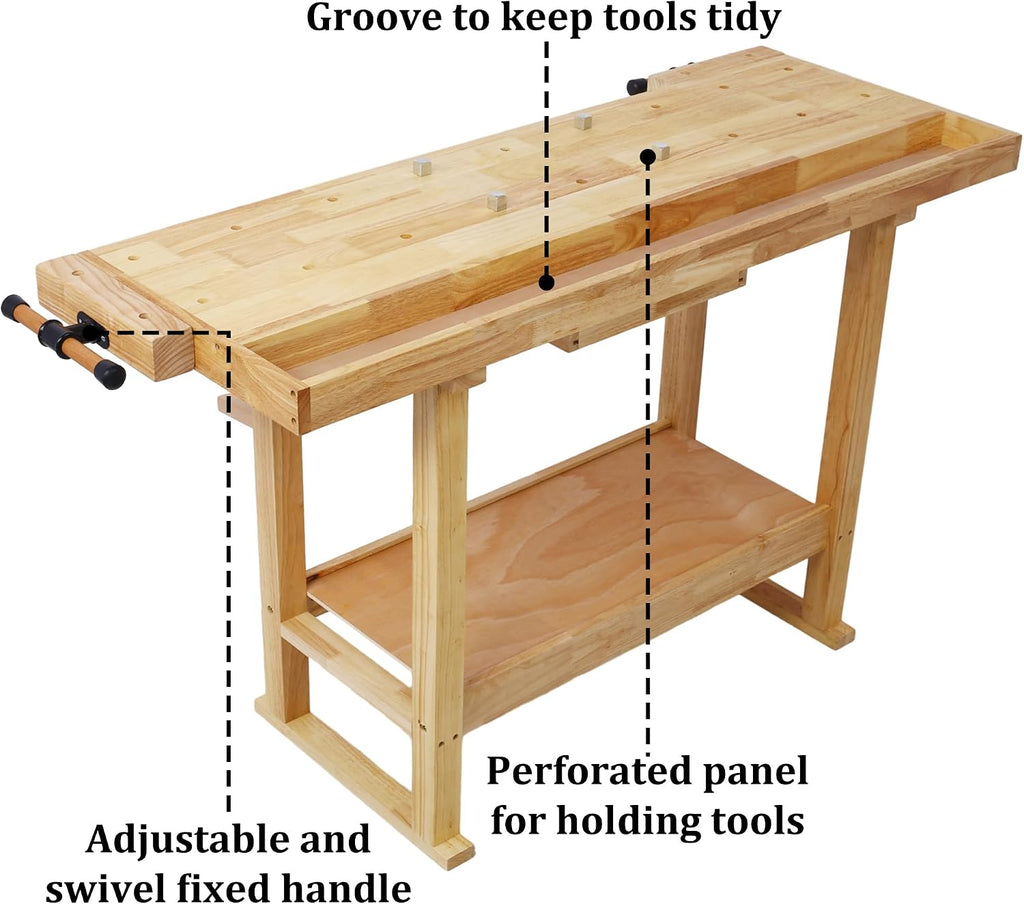 Olela Wood Workbench, Integrated Vise and Bench Dog Holes Garage Workbench with Drawers, 55 inches Heavy Duty Workbench Weight Capacity of 3300lbs (55'-1 Drawer and 1 Shelf)