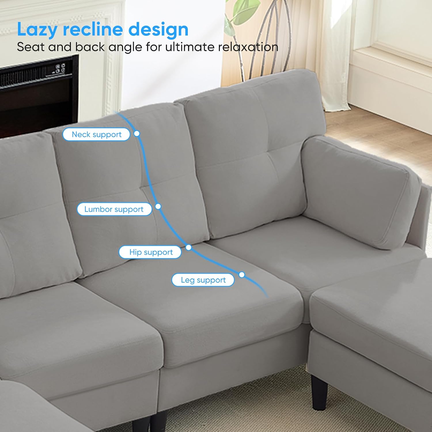 PUREMIND Sectional Home Sofa Living Room, Modern U-Shaped Sofa Couches with Double Chaise, Upholstered 4 Seater Sofa for Living Room, Apartment, Light Grey