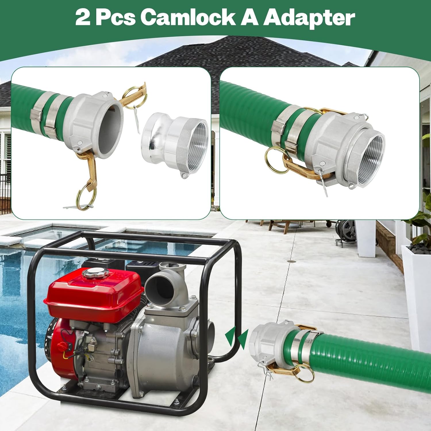 Picatu Heavy Duty 2' x 20' Green PVC Discharge Hose Pump Kit, Pool Suction Hose with Aluminum Camlock Fittings, Steel Round Strainer, Cam & Groove Adapter