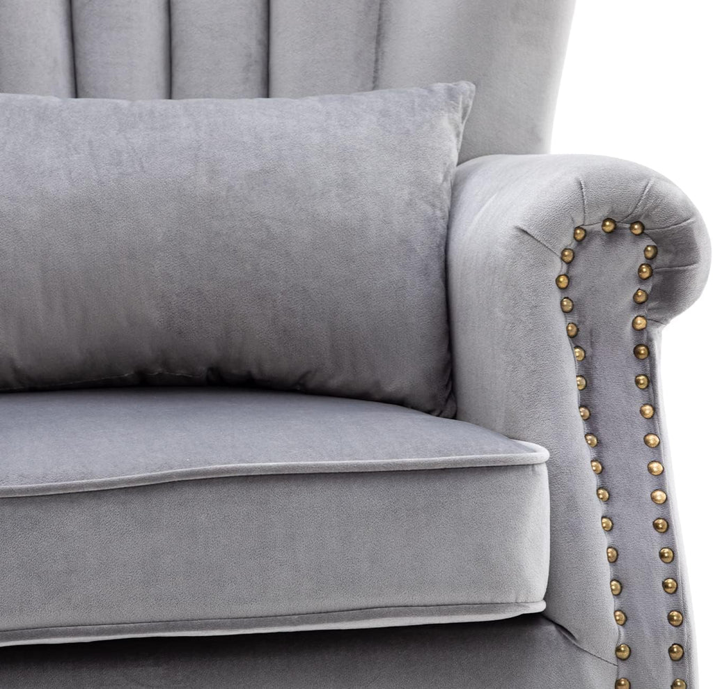 Kmax Grey Accent Chair Velvet Wingback Chair with Pillow Nail-Head Channel Tufted Oversized Club Chair for Living Room Bedroom Guest Room