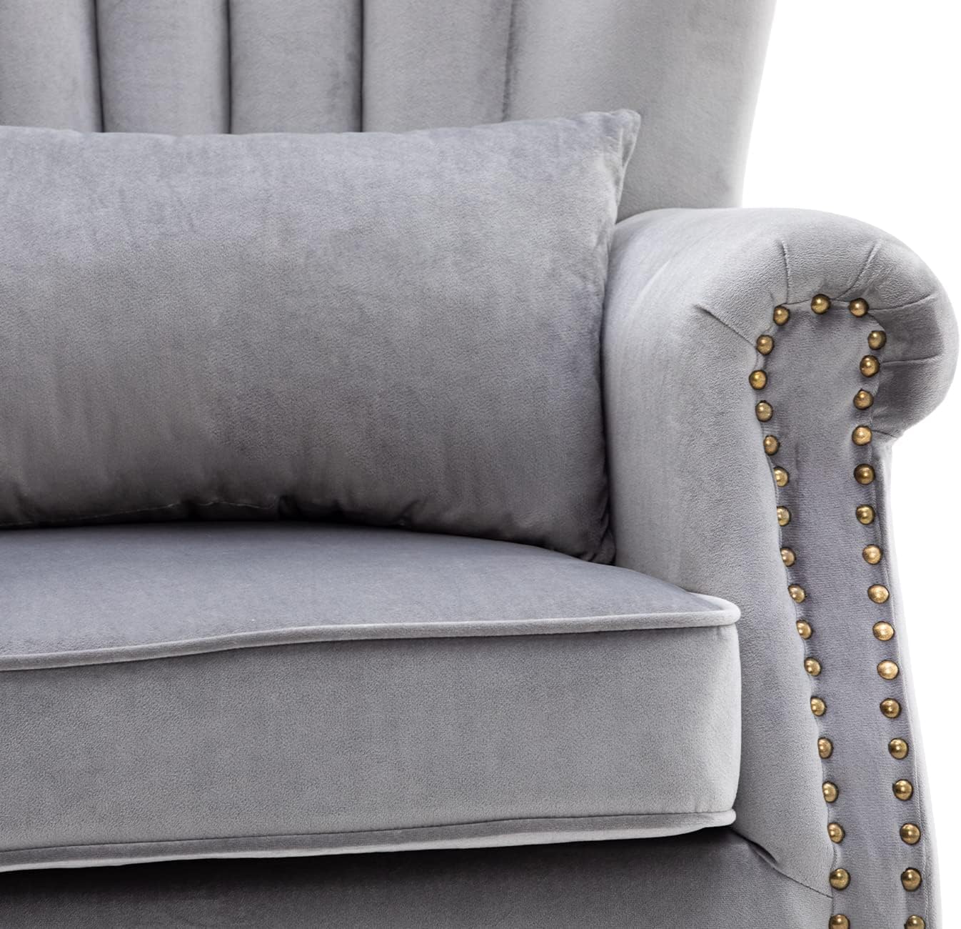Kmax Grey Accent Chair Velvet Wingback Chair with Pillow Nail-Head Channel Tufted Oversized Club Chair for Living Room Bedroom Guest Room