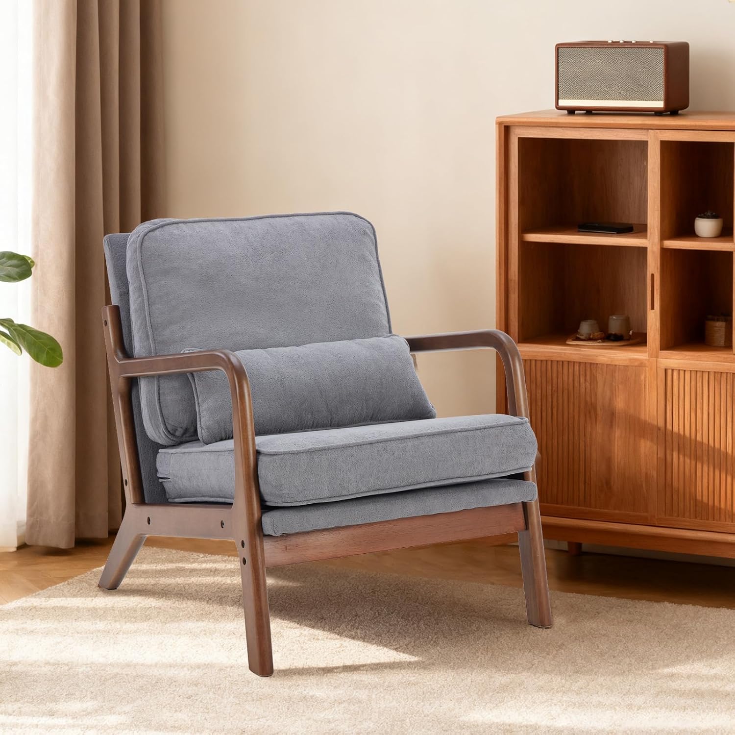 DUMOS Mid Century Modern Chair Set of 2, Accent Chair with Arms and Waist Cushion, Reading Chairs for Adults, Lounge Chair for Living Room and Bedroom, Solid Wooden Frame, Grey