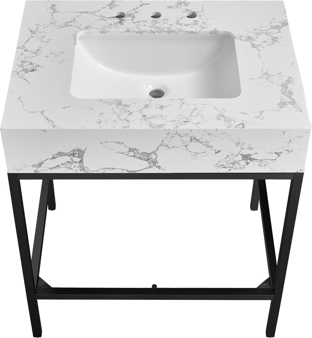 Meridian Furniture 407White-30 Marmo Collection Modern | Contemporary Bathroom Vanity with White Engineered Stone with Grey Veining, Matte Black Metal Base, 30' W x 23' D x 34' H, Black