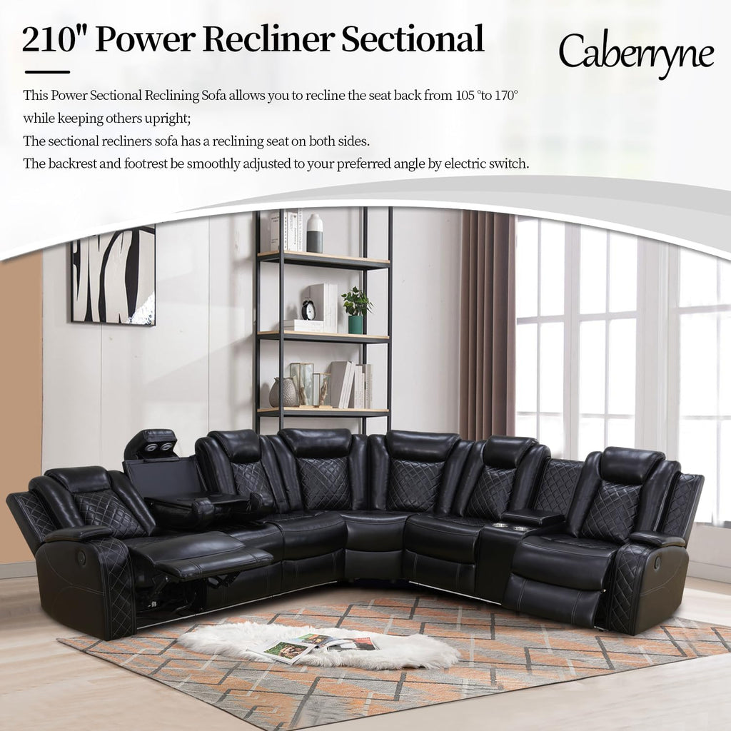 Power Recliner Sofa Sectional Couch with LED Light for Living Room,Leather Reclining Corner Sectional Sofa with 2 Recliner Seats,Cup Holder,Storage Console for House/Home Theater, Black