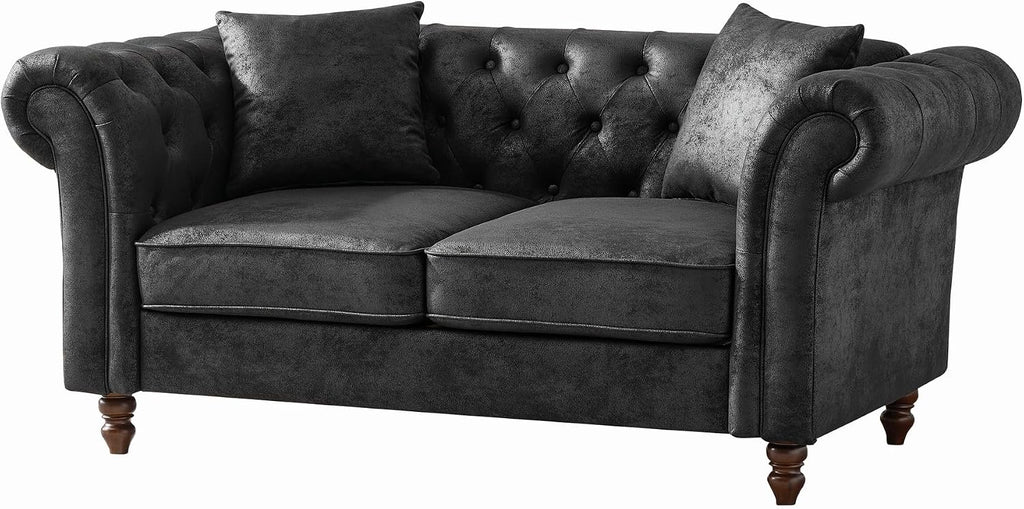 GDFStudio 66' Chesterfield Tech Loveseat Sofa Couch, Mid Century Modern 2 Seat Sofa & Couches with Pillows, Roll Armrest Upholstered Couch for Living Room Apartment Office Home Seating, Black