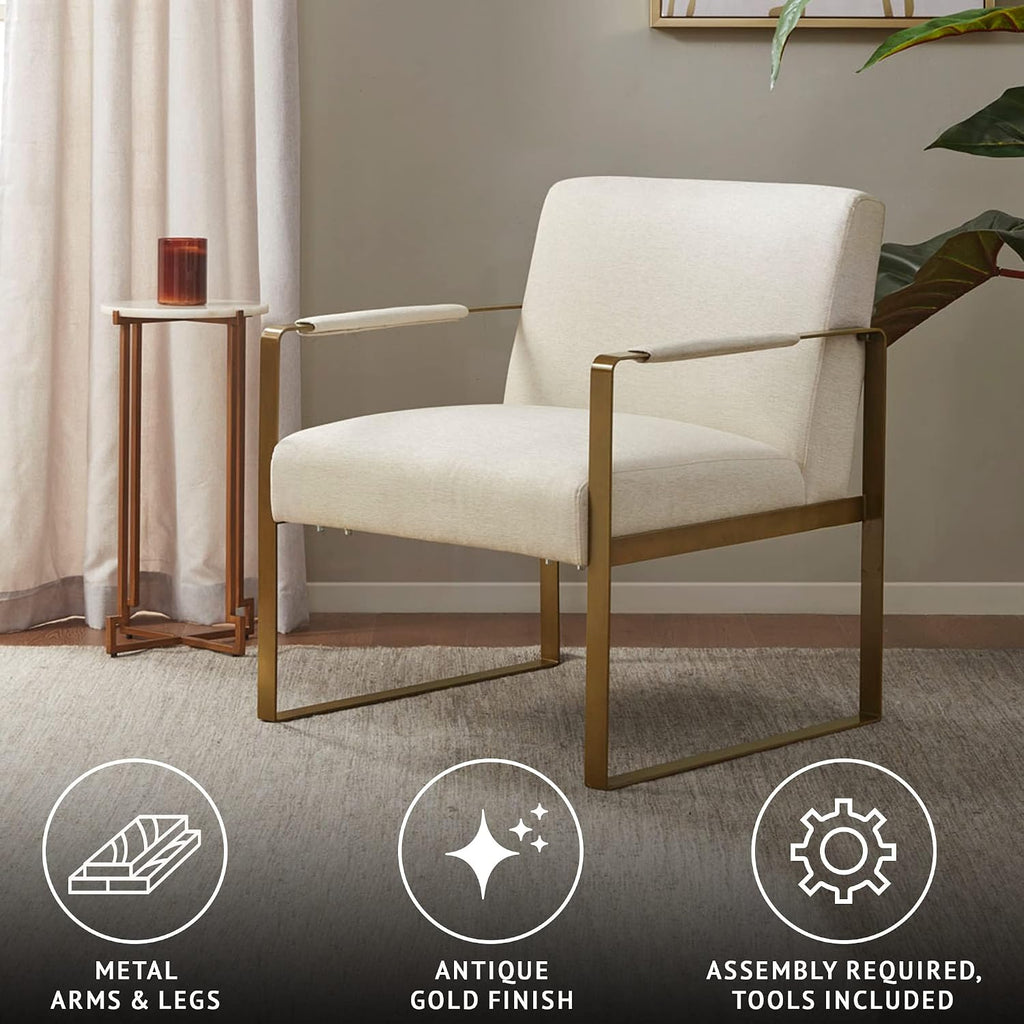 Martha Stewart Upholsterd Accent Chair Living Room Furniture - Modern Design, Comfortable Foam Seat Cushion Bedroom Lounge, Sophisticated Finished, Sturdy Frame, Cream/Gold, 28.5' W x 29' D x 32.5' H