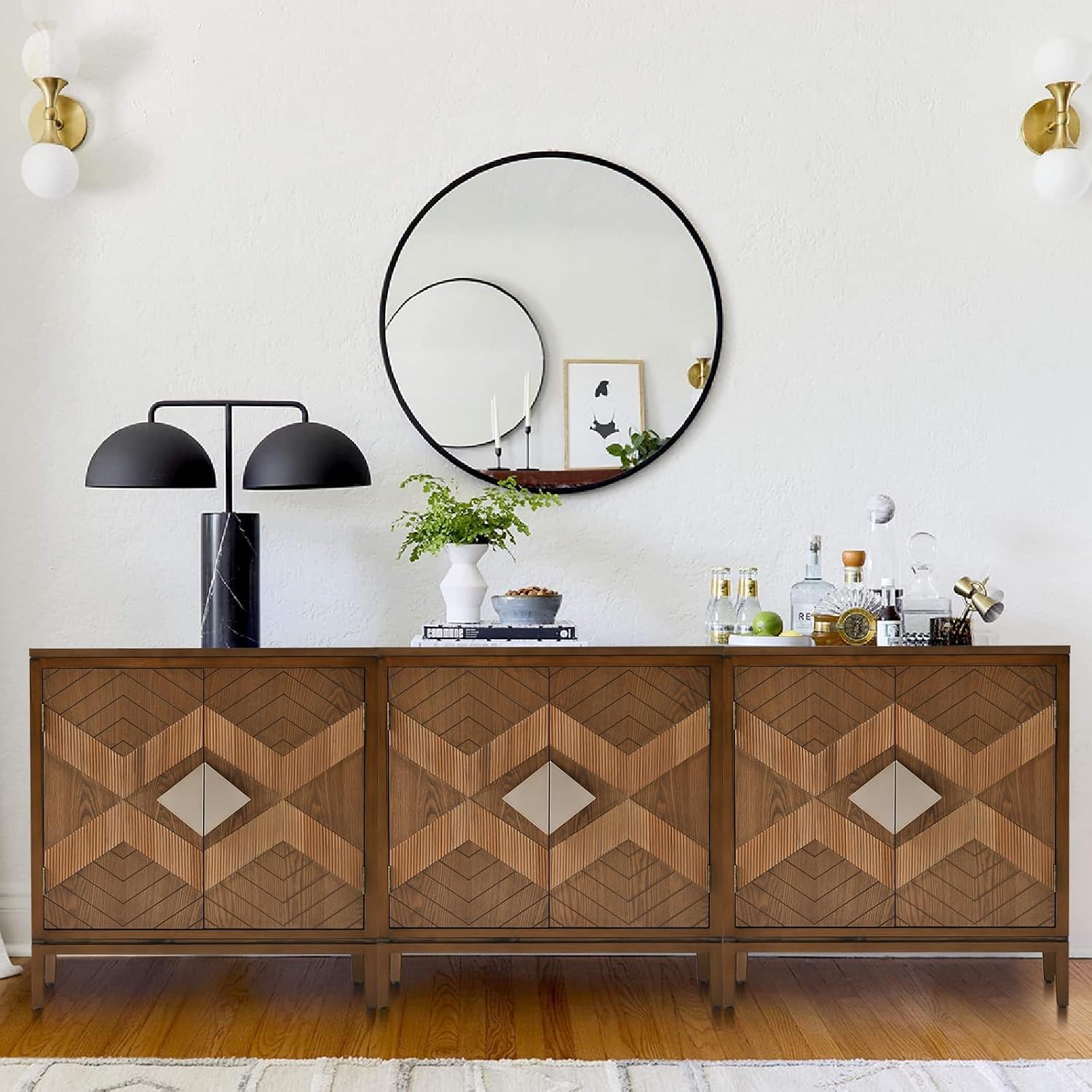 Ahokua Mid-Century Modern Wood Accent Cabinet with 2 Carved Doors, Geometric Storage Sideboard with Adjustable Shelf for Living Room, Hallway or Entryway, Brown