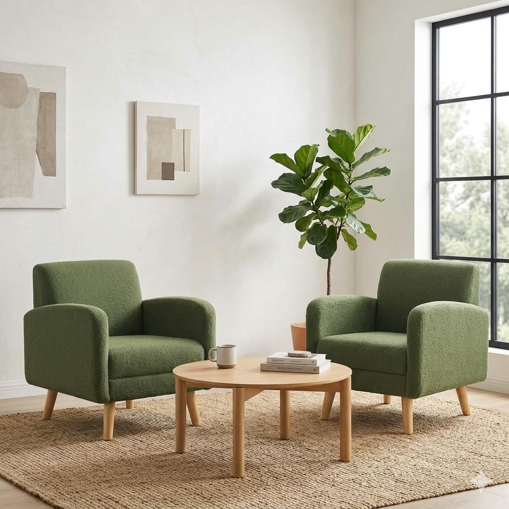 Accent Chairs for Living Room, Comfy Boucle Mid Century Modern Single Sofa Chair with Rubberwood Frame, Upholstered Reading Arm Chair for Bedroom, Club, Office Waiting Room (Green)
