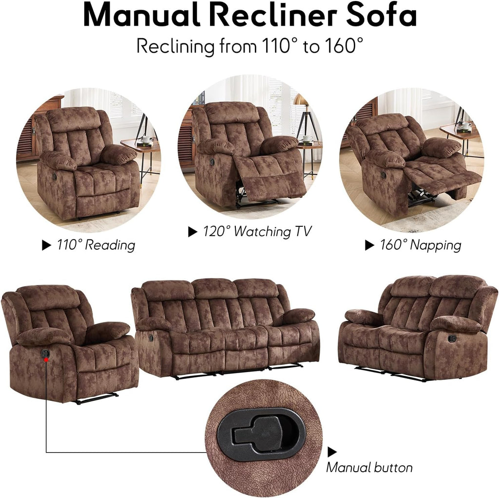 EBELLO Manual Reclining Sofa Set, Classic Recliner Sofa with Overstuffed Arms and Backrest, Include 1 Recliner Chair, 1 Loveseat Couch, Dark Brown