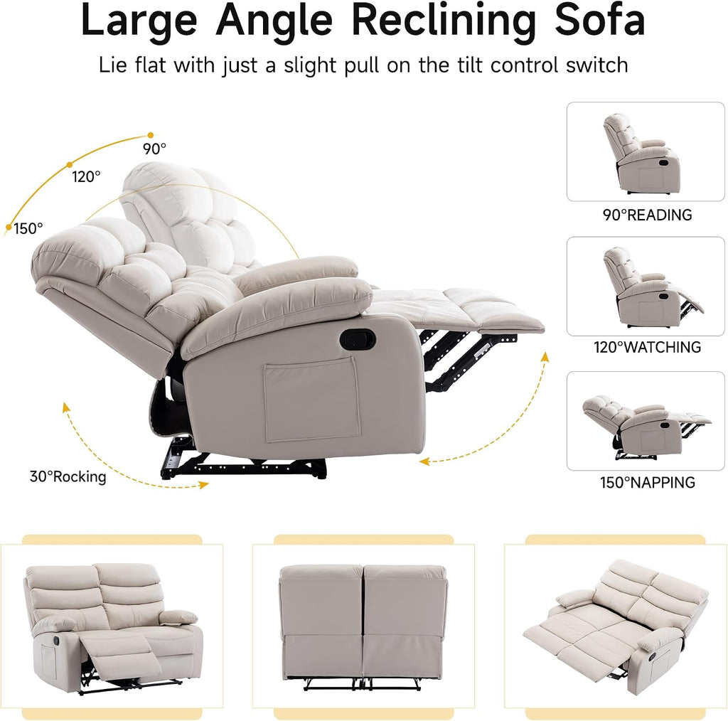 Double Recliner Loveseat, Leather Reclining Loveseat, 2 Recliners Set, Wall Hugger Loveseat Recliner Sofa for Living Room, RV, Home Theater Seating(Beige, 2 Seater Sofa)