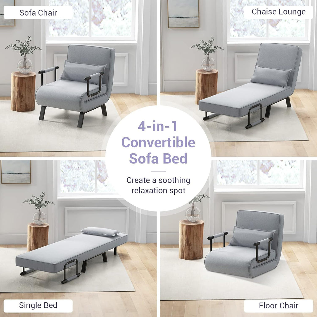 KOMFOTT Convertible Sleeper Chair Bed, 4-in-1 Folding Sofa Bed with 6-Position Adjustable Backrest, Upholstered Chaise Lounge with Removable Pillow, Leisure Recliner Lounge Couch for Home Office