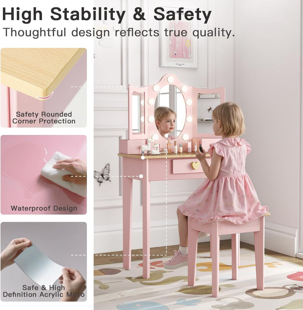 labebe Kids Vanity, Girls Vanity Desk with LED Changing Lights, Pretend Play Princess Vanity Set, Wooden Toddler Makeup Desk Dressing Table with Drawer and Chair (Pink)
