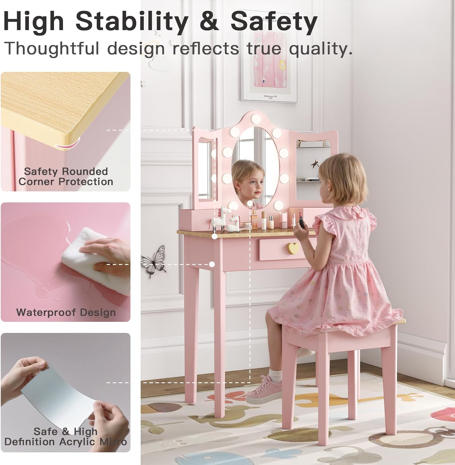 labebe Kids Vanity, Girls Vanity Desk with LED Changing Lights, Pretend Play Princess Vanity Set, Wooden Toddler Makeup Desk Dressing Table with Drawer and Chair (Pink)