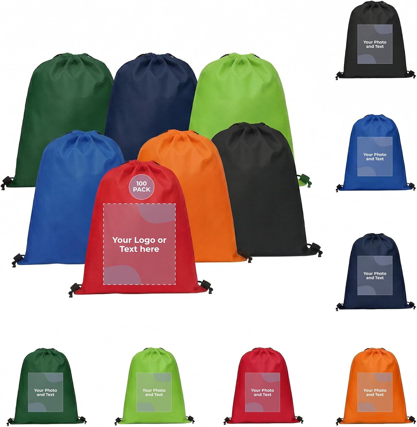 Custom Drawstring Backpacks with Logo or Text, Pack of 100, Assorted, Water-Resistant, Personalized Promotional Bags for Branded Giveaways, Corporate Events, Trade Shows, Conferences
