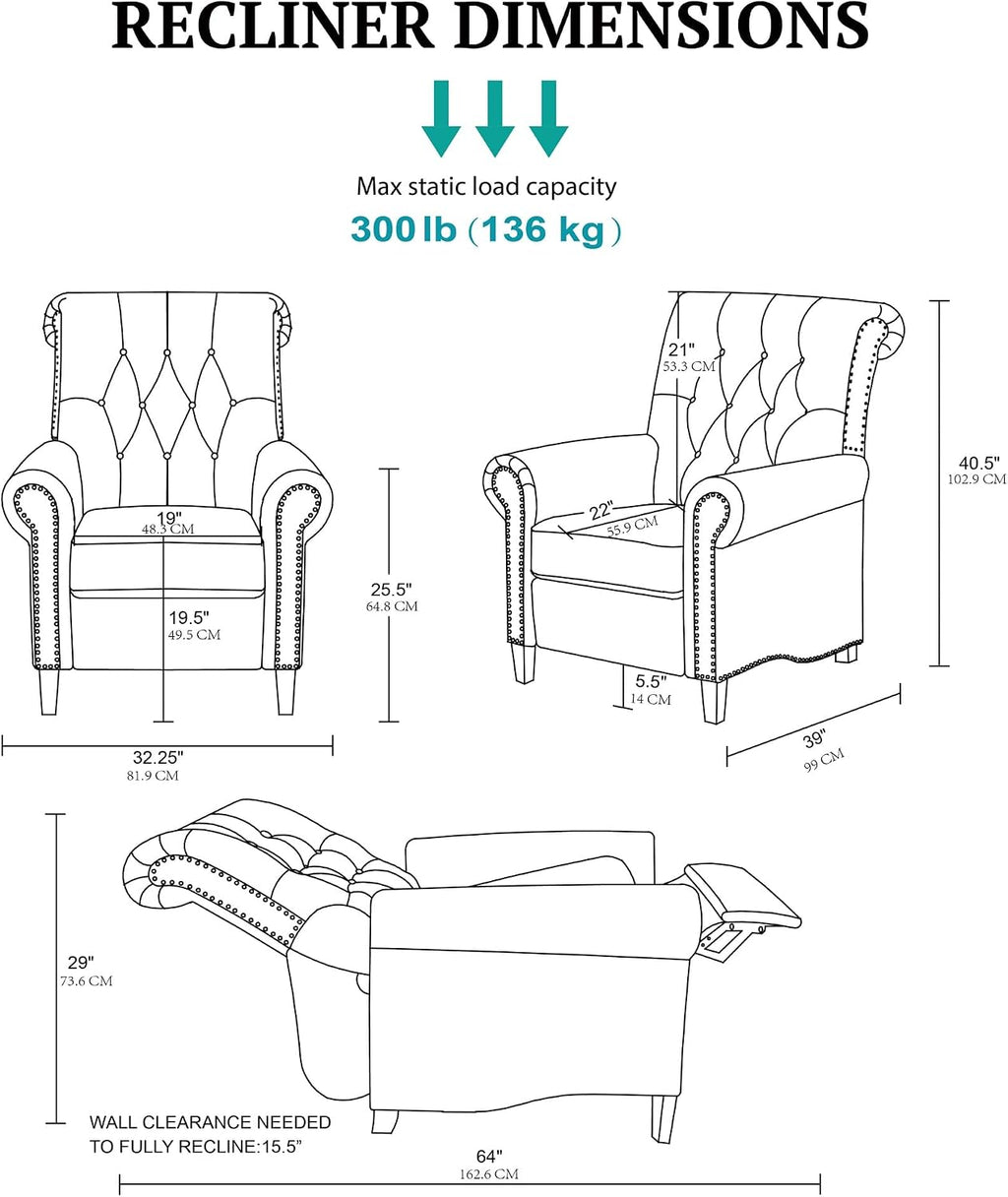 Madison Park Aidan Upholstered Manual Push Back Recliner Chair with Nailheads - Solid Wood, Plywood, Roled Back Button Tufted Accent Armchair Modern Classic Style Family Room Sofa Furniture, Cream