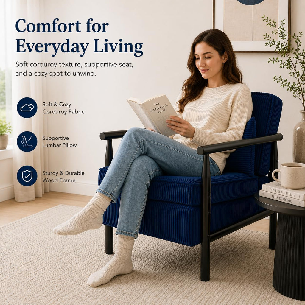 Accent Chair with Hidden Storage, Mid-Century Upholstered Armchair with Solid Wood Frame, Corduroy Fabric Accent Chair for Living Room, Bedroom, and Reading Corner(Blue)