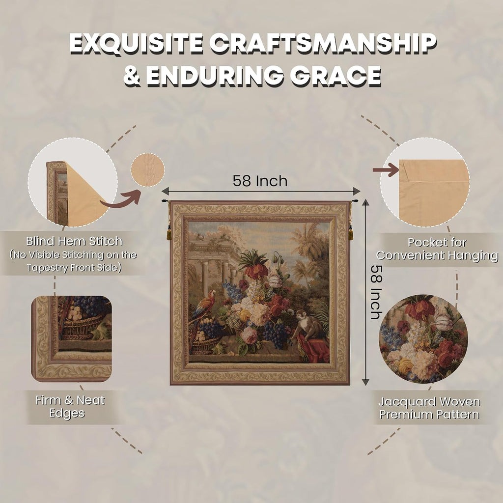 Charlotte Home Furnishings Inc. Bouquet Exotique With Monkey French Tapestry Wall Hanging 58 X 58 Inch Viscose Cotton And Polyester Blend Wall Art Perfect For Home Decor And Wall Decor