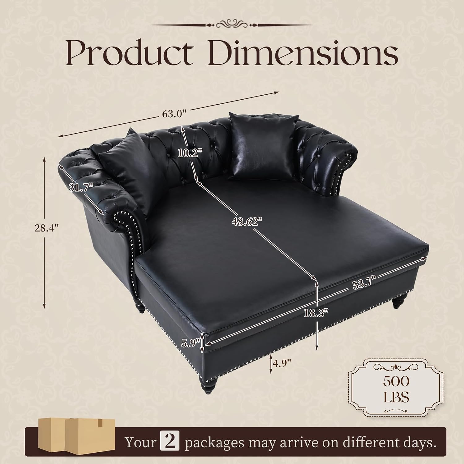 63' Oversized Chaise Lounge Comfy Reading Chair, Faux Leather Chesterfield Loveseat Sofa with Tufting Back & Rolled Arm with 2 Pillows, Comfy Couch for Indoor Relaxation, Living Room, Black