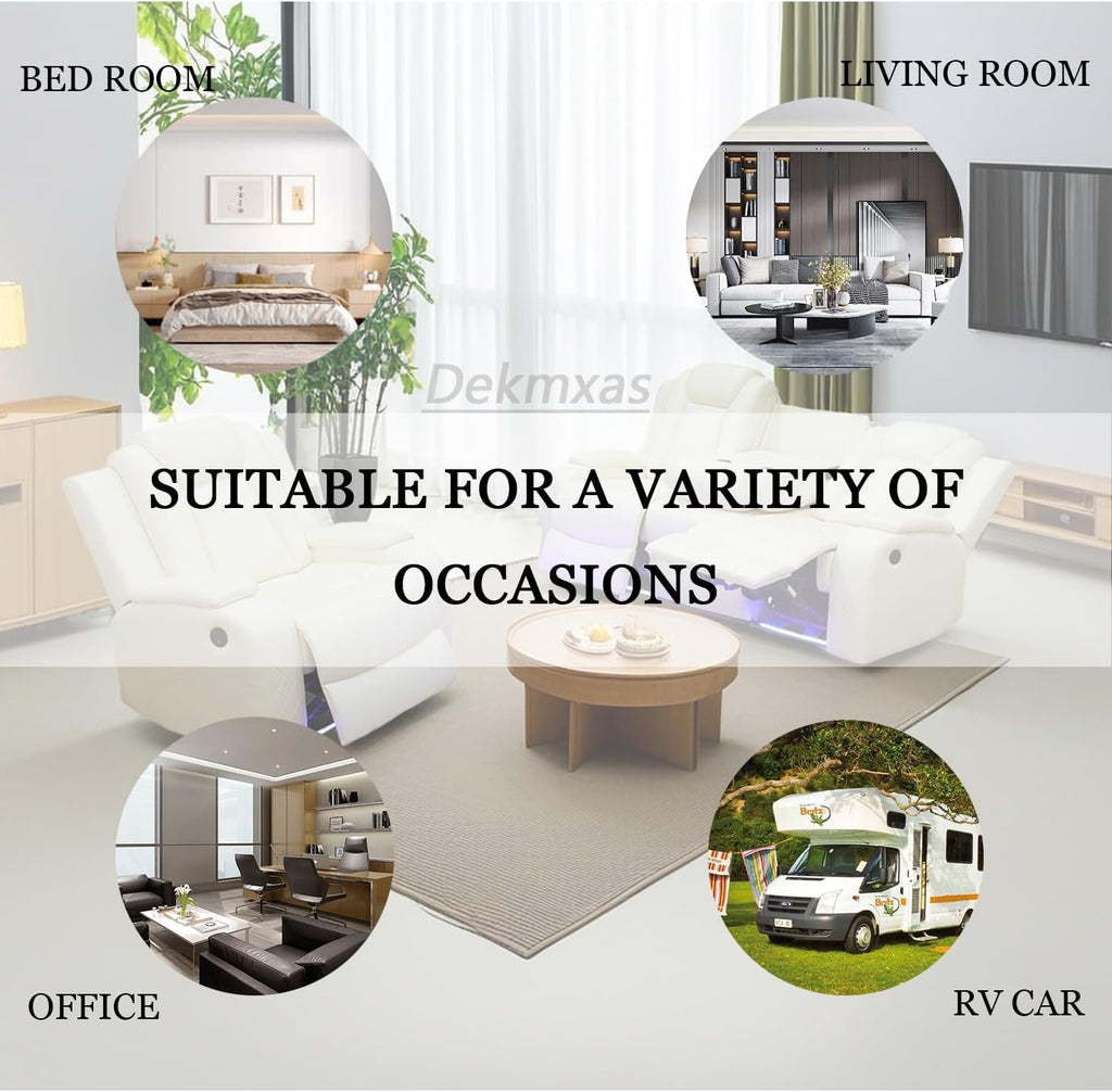 Dekxmas Breathing Leather Furniture Sets, Power Recliner Sofa Set, Living Room Sofa Vanilla White Sofa Couch, Chair with 3 Recliner Seats/Cup Holders/Storage Console/LED Light for Living Room