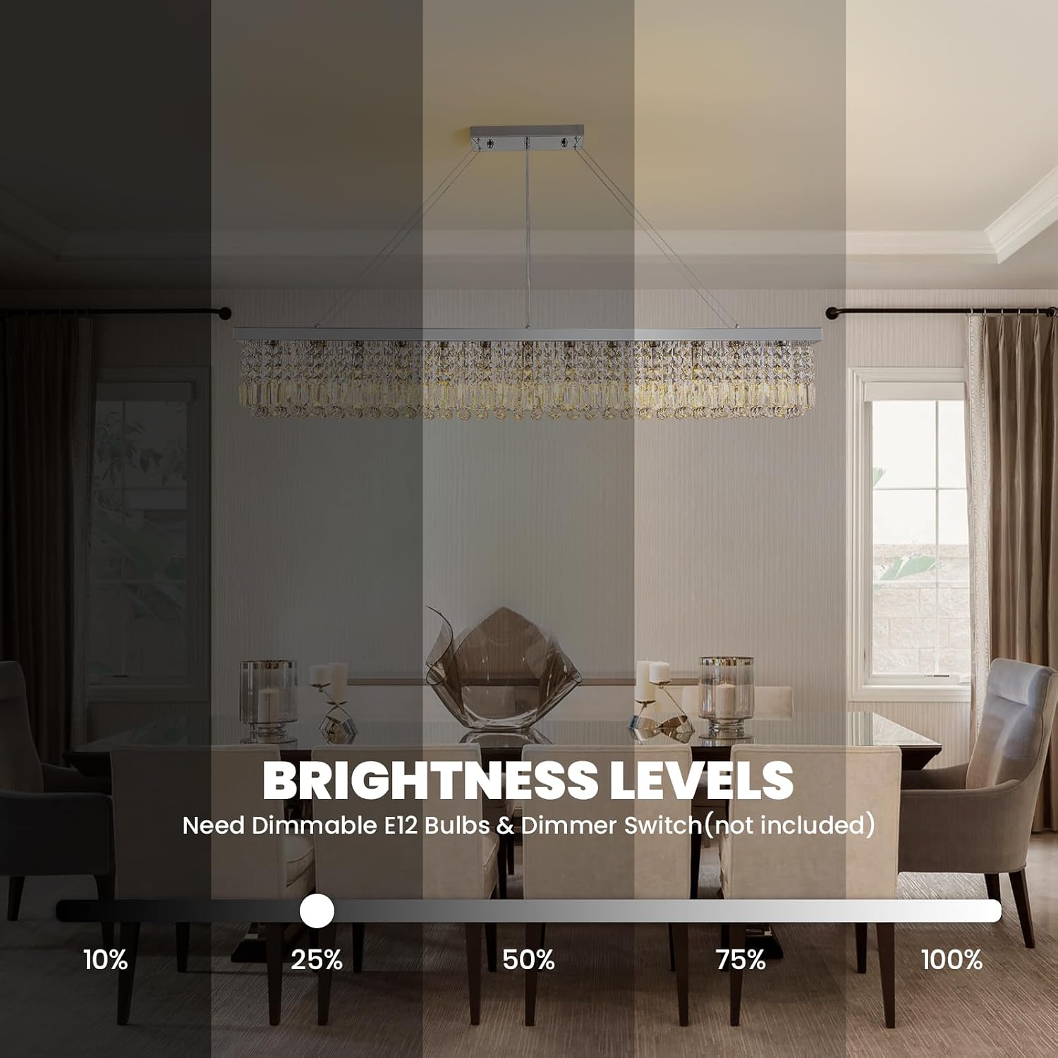 7PM Rectangle K9 Crystal Chandelier Modern Rectangular Pendant Light Fixture for Dining Room Kitchen Island Chrome L59'' x W10'' x H9''