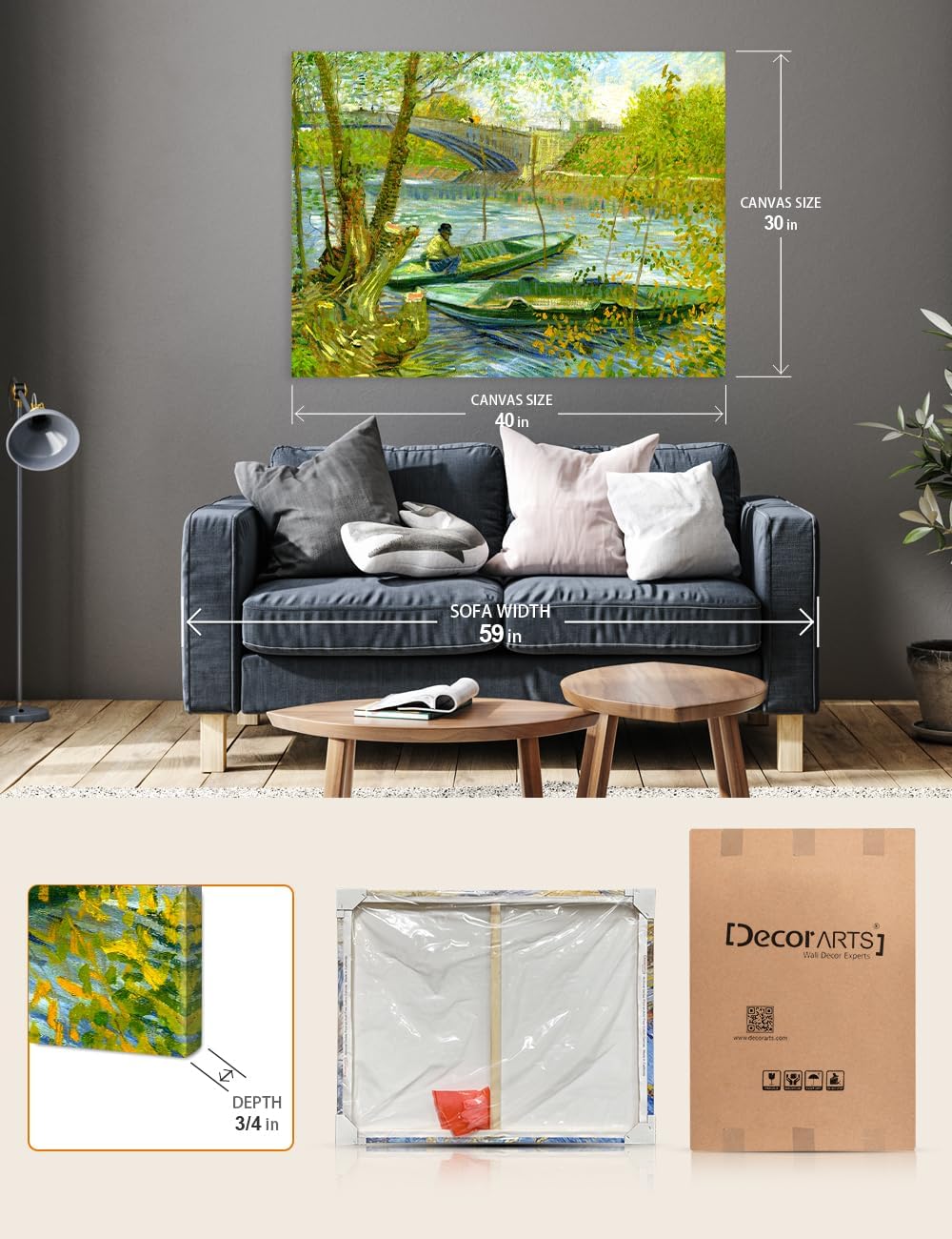DECORARTS - Vincent Van Gogh Fishing in the Spring, Pont de Clichy Wall Art, Large Giclee Canvas Print Gallery Wrapped Van Gogh Art 40x30, Made in USA