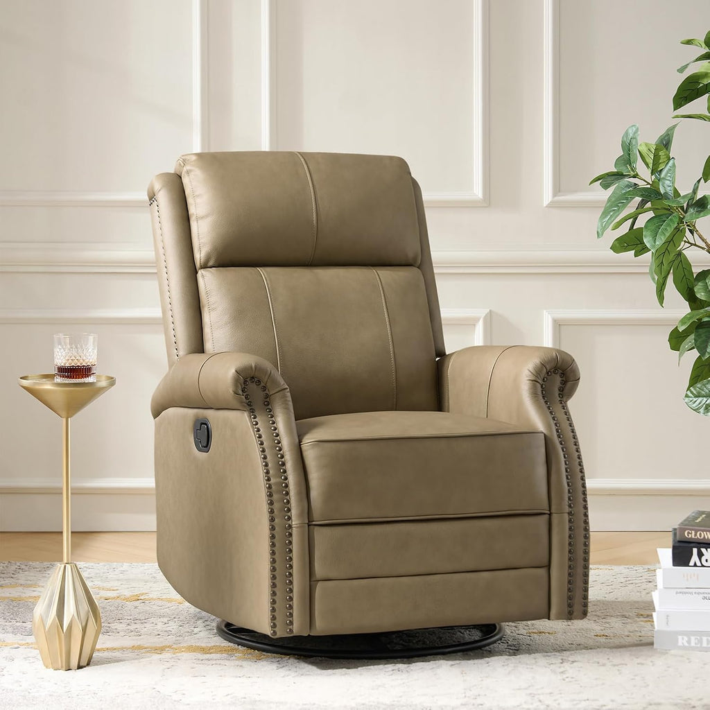 HULALA HOME Genuine Leather Swivel Rocker Recliner with Adjustable Backrest & Footrest, Manual Glider Recliner Chair with 360°Swivel Base, Home Theater Sofa Armchair for Living Room Bedroom, Taupe