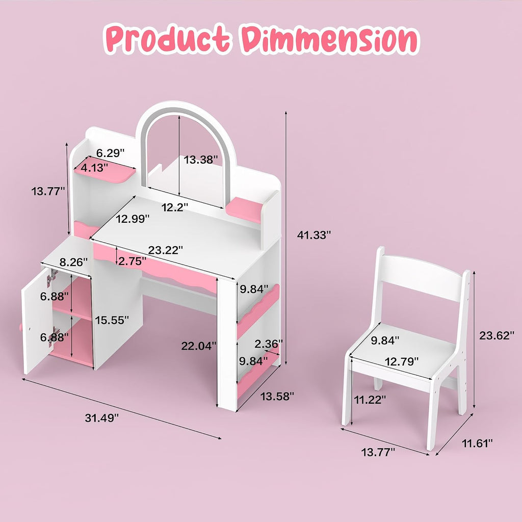 Kids Vanity with LED Mirror and Chair, Girls Vanity Set with Storage Cabinet and Shelves, Toddler Vanity Table and Chair Set for Bedroom Playroom, Pink and White Girl Vanity for Ages 3-8