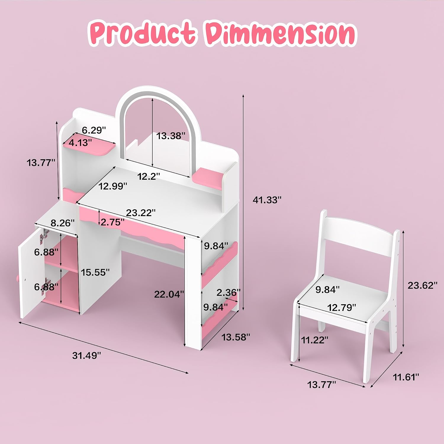 Kids Vanity with LED Mirror and Chair, Girls Vanity Set with Storage Cabinet and Shelves, Toddler Vanity Table and Chair Set for Bedroom Playroom, Pink and White Girl Vanity for Ages 3-8