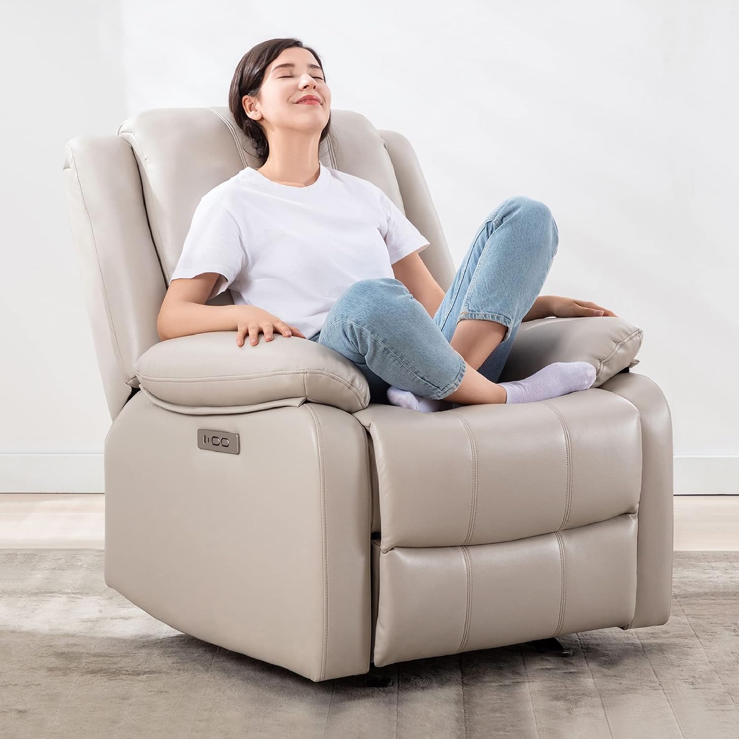 Watson & Whitely Power Recliner Chair for Adults, Faux Leather Electric Glider Reclining Chair for Living Room and Nursery, Upholstered Rocker Recliner with USB Port, Cream