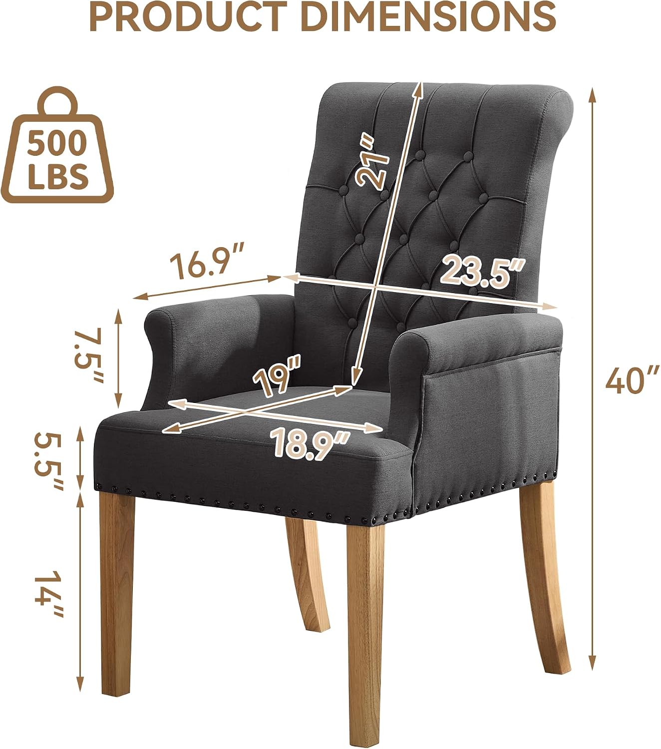 WUTUTUEE Fabric Dining Chair with Arms, Upholstered Tufted High Back Dining Room Chairs, Accent Armchair with Solid Wood Leg and Nailhead Trim, Kitchen Dining Living Room, Dark Grey
