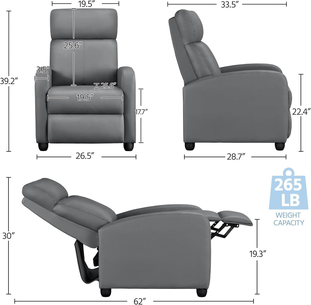 Yaheetech Recliner Chair Set of 2, PU Leather Upholstered Reclining Sofa Chair with Pocket Springs for Living Room, Home Theater Seating Grey