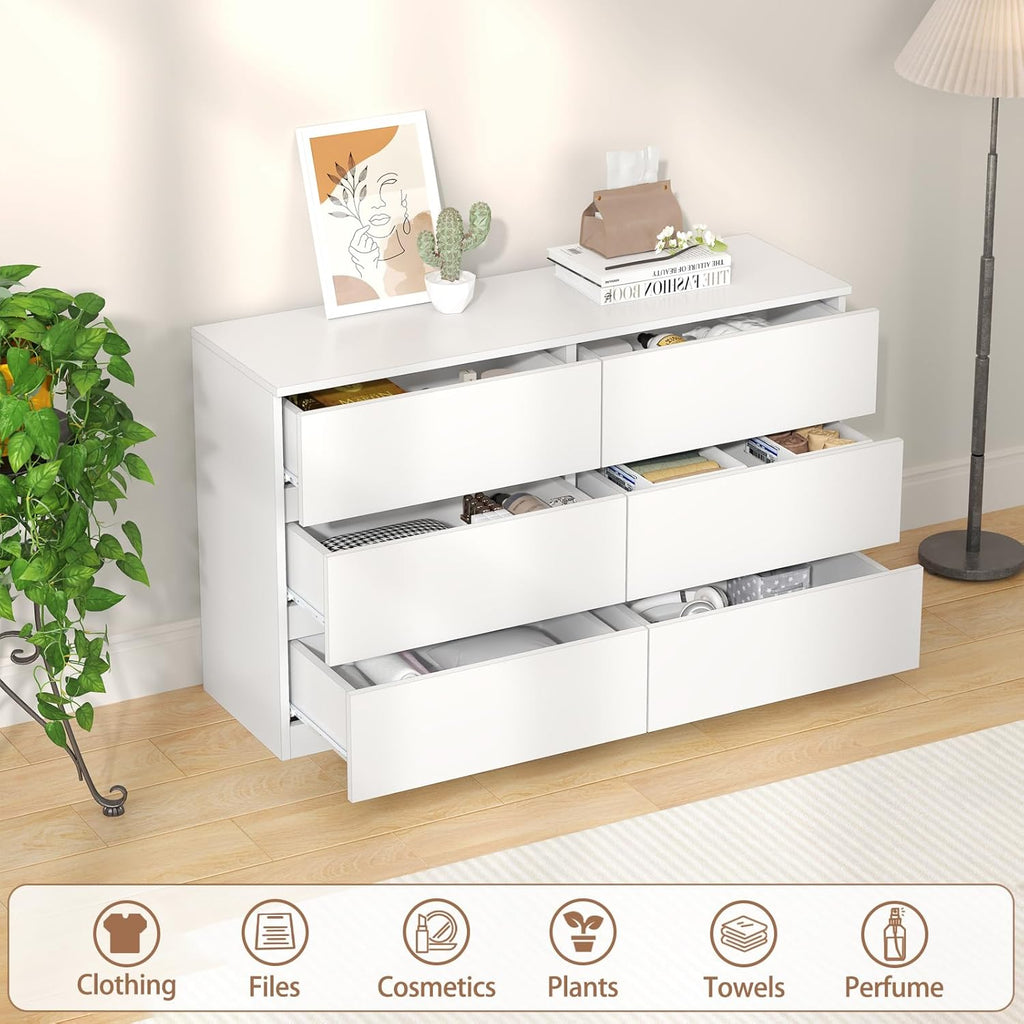 furtble 6 Drawer Dresser for Bedroom, Modern White Chest of Drawers No Handles Large Storage, Wood Dressers with Wide Drawers for Closet, Living Room, Home Office(43.3' W x13.4 Dx 26.4' H)