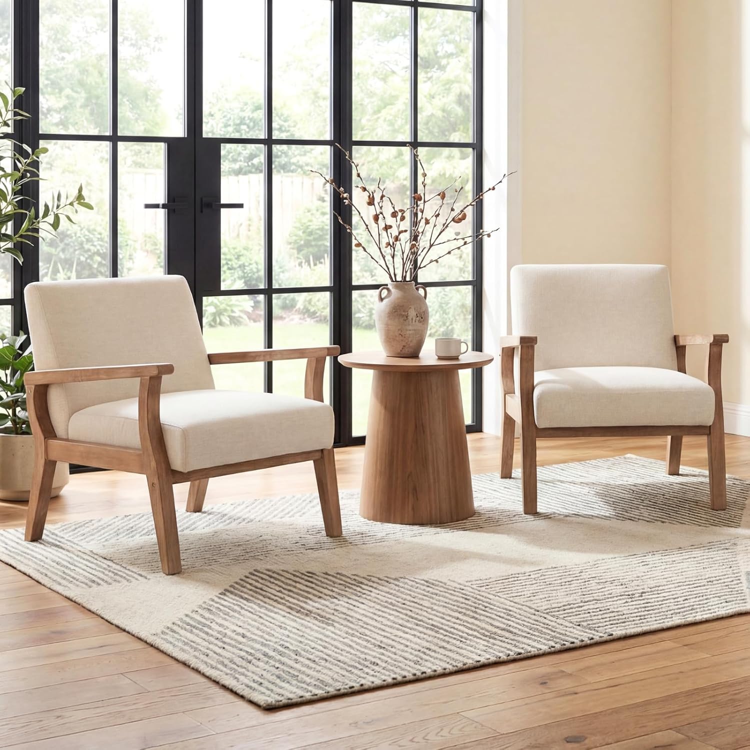 BESTANO Mid Century Modern Accent Chair Set of 2, Linen Upholstered Living Room Accent Armchair with Wood Frame, Farmhouse Chair for Living Room Bedroom, Ivory