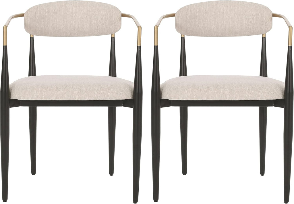 Christopher Knight Home Gertru Dining Chairs Set of 2, Stylish Upholstered Dining Room Chairs, Fabric Kitchen Chair with Gold Black Accent Iron Frame, Elegant Toothpick Design, Beige