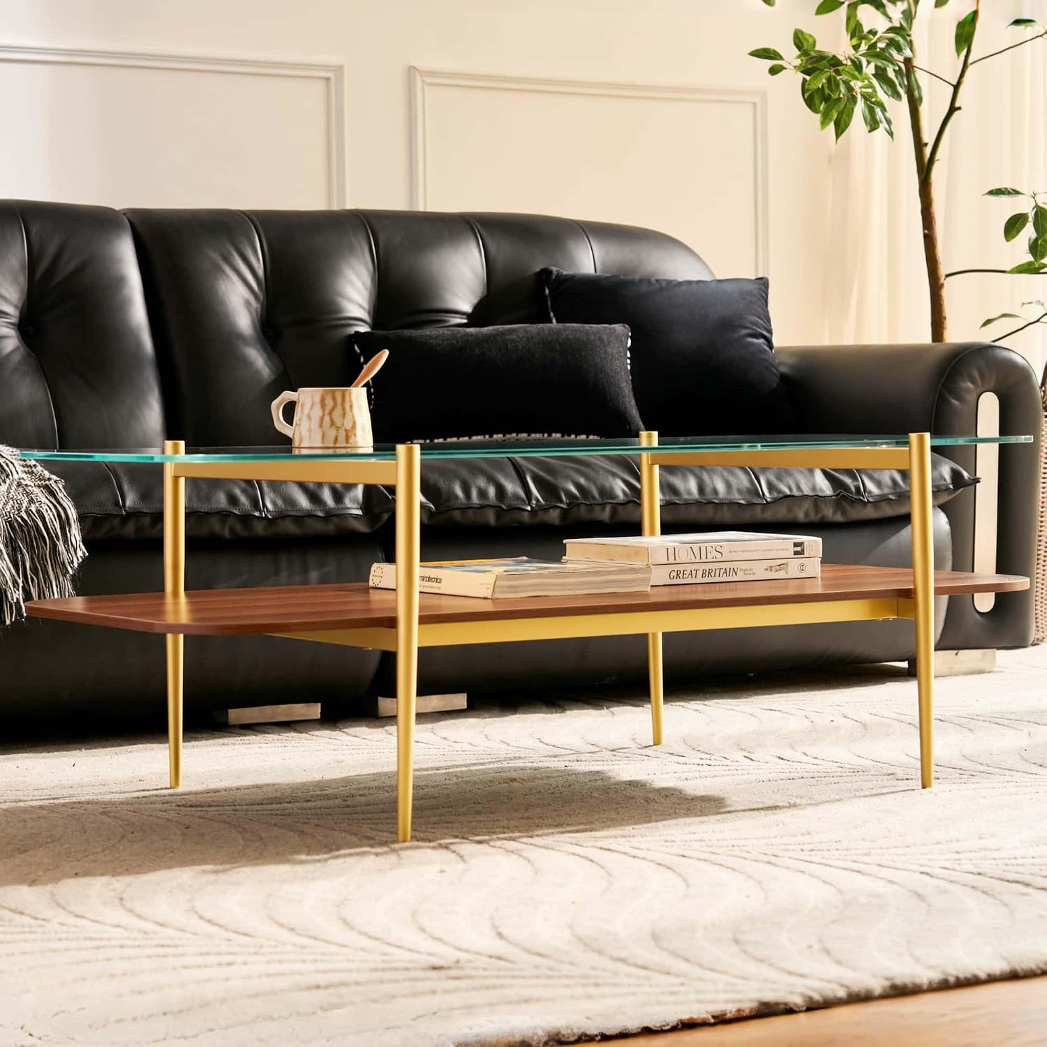 AGV LIGHTING Tadio Large Glass Coffee Table, Mid-Century Modern Coffee Table for Living Room, Gold Finish Leg, Clear Glass Top & Walnut Brown Shelf, 47 in Rrounded Corners