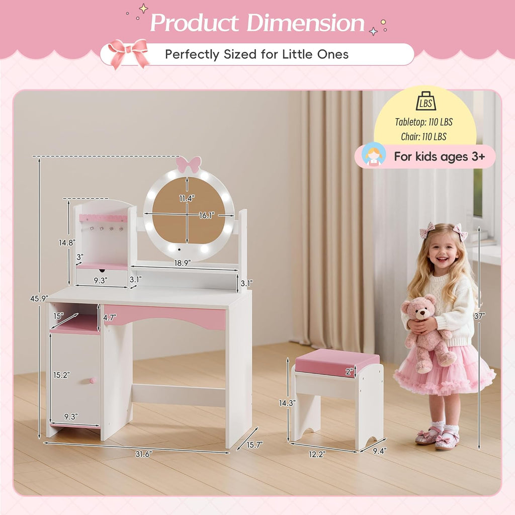 TOLEAD Kids Vanity, Girls Vanity Set with Mirror and Stool and Lights, Toddler Vanity Table and Chair Set with Jewelry Storage, Wooden Princess Makeup Desk Dressing Table for Girls (White)