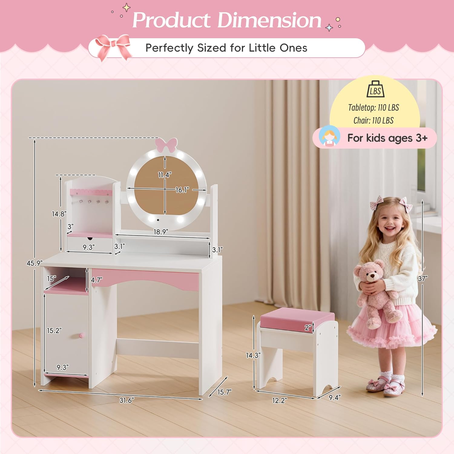 TOLEAD Kids Vanity, Girls Vanity Set with Mirror and Stool and Lights, Toddler Vanity Table and Chair Set with Jewelry Storage, Wooden Princess Makeup Desk Dressing Table for Girls (White)