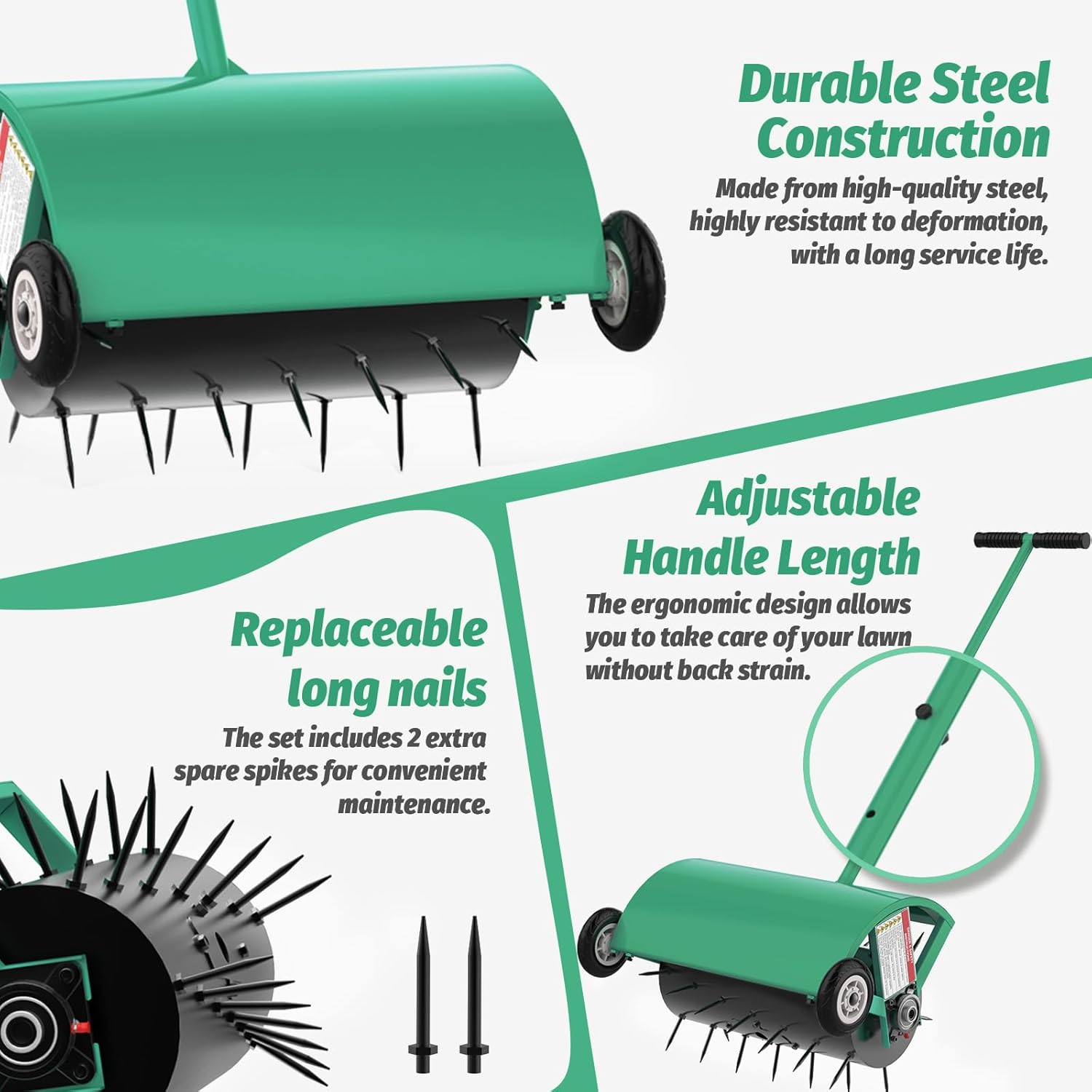 24 Inch Rolling Lawn Aerator, Heavy Duty Manual Aerator Tool, Up to 70 lbs, Push Spike Aeration Tool with 42 Spikes, Suitable for Lawns, Garden, and Yard Grass Aeration [Green]