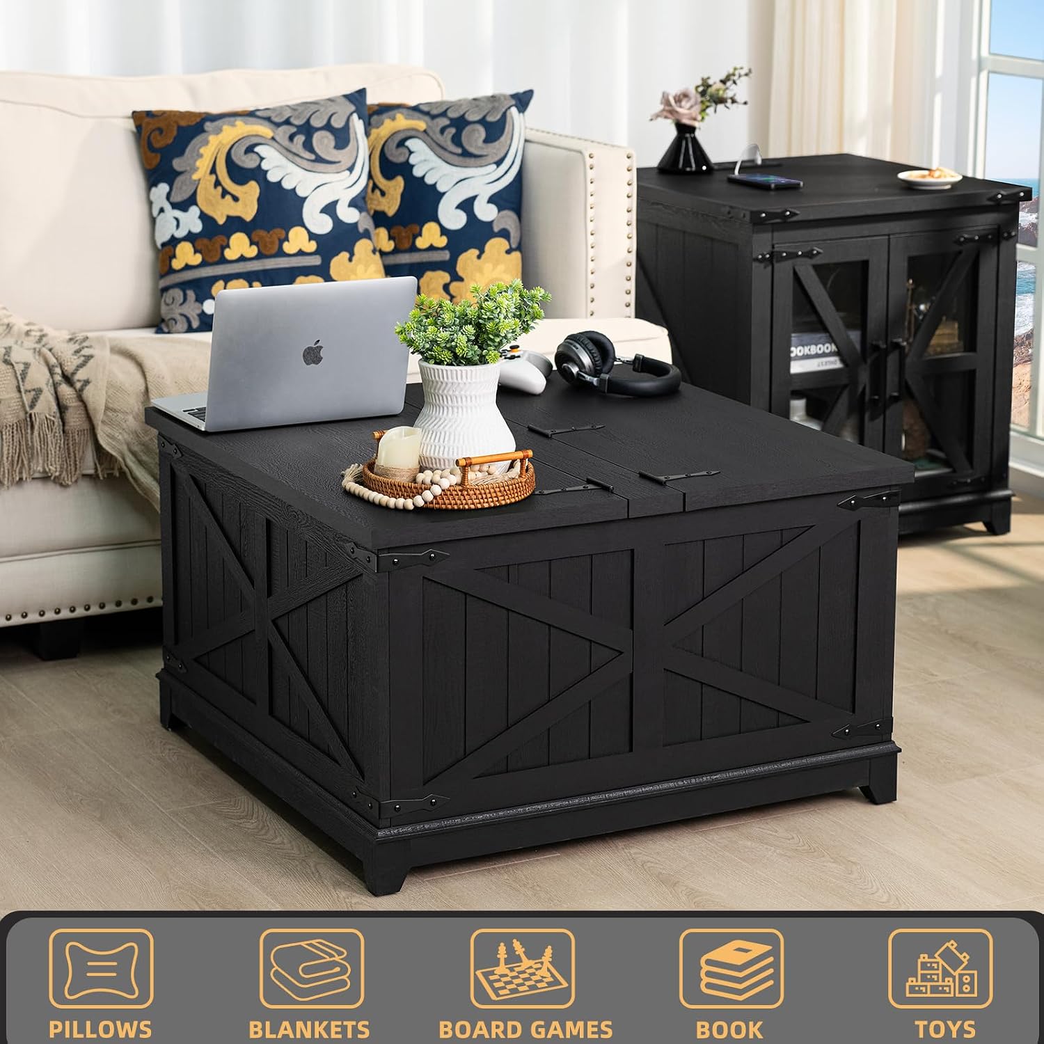 Joaxswe Farmhouse Coffee Table with Hidden Storage Organizer, Black Square Large Center Table, Wood Farm House Low Modern Living Room Tables with Hinged Lift Top for Home, Office
