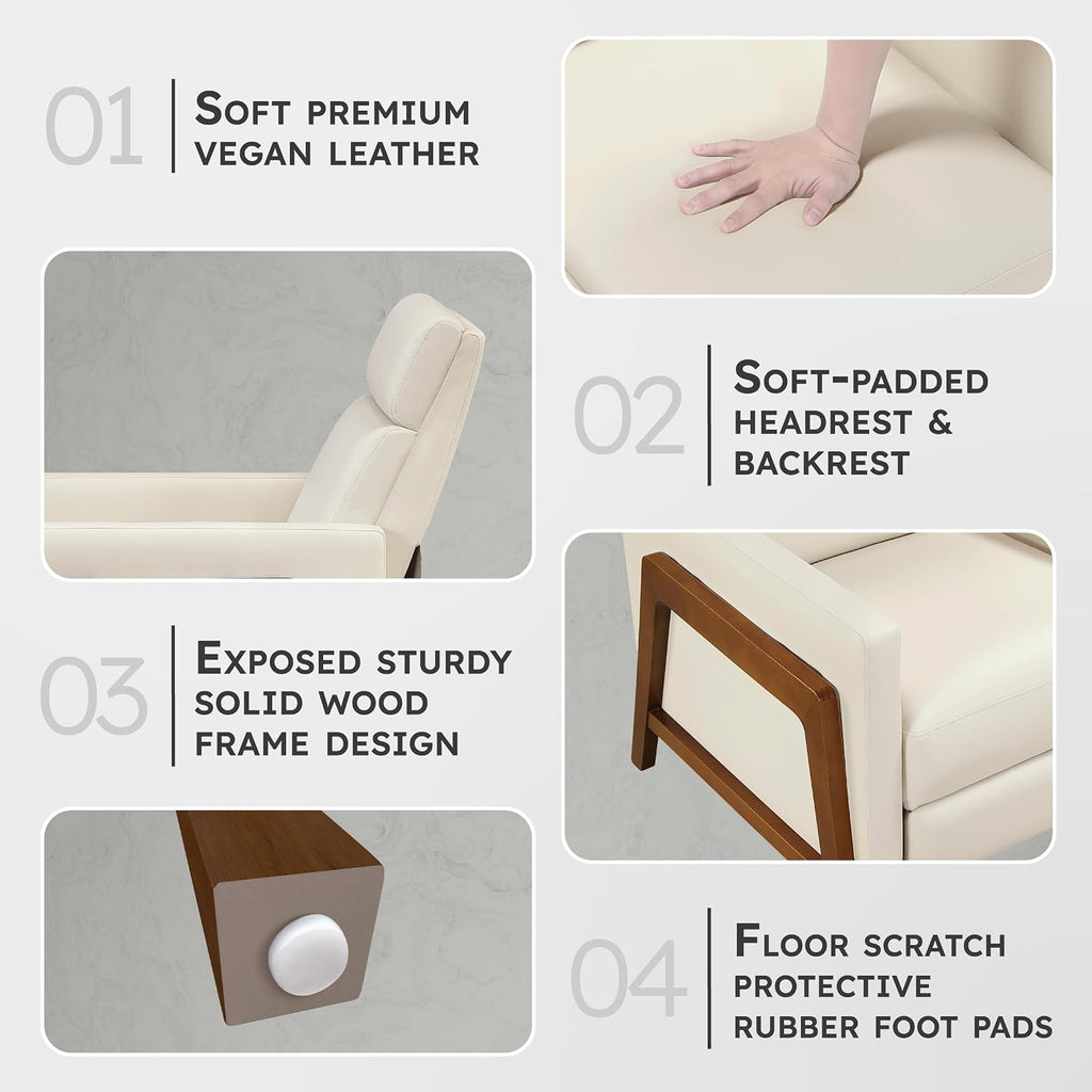 Lexicon Push Back Recliner Chair, Faux Leather Upholstered Reclining Chair with Footrest, Exposed Dark Brown Finish Wood Frame, Small Recliner for Small Space, Living Room, Bedroom, Light Beige