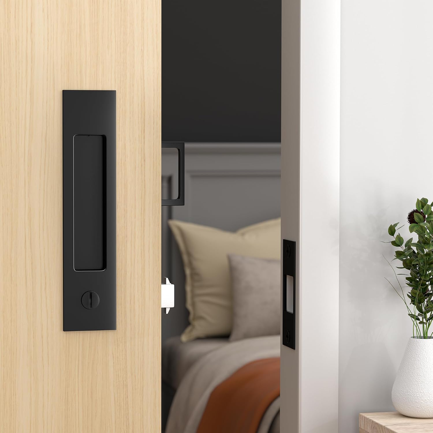 Dontay Pocket Door Handle and Edge Pull, Narrow Modern Rectangular Keyed Entry Function, Recessed Sliding Door Hardware for 1 3/8' to 2 3/16' Thickness Door (Privacy Lock, Matte Black, 2 Pack)