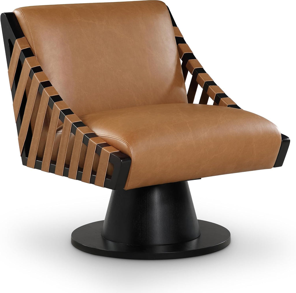 Meridian Furniture 33002Cognac Millwin Collection Art Deco Swivel Accent Chair with Rich Cognac Vegan Leather, Black Finish, Solid Wood Frame and Base, 28' W x 30' D x 32.5' H, Cognac