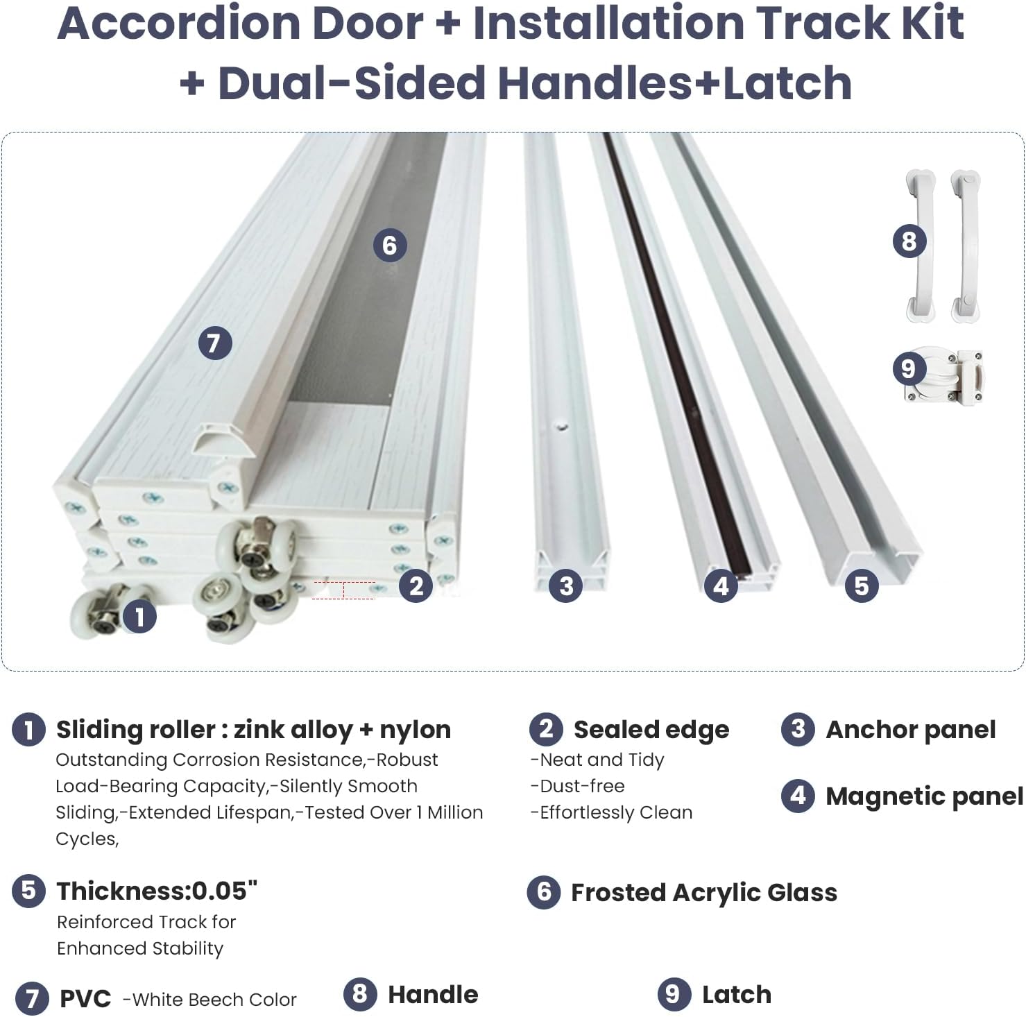 DIYHD 42X80in Glass Accordion Door with Latch&Handle, Double-Layer Thickened PVC Folding Interior Door with Frosted Acrylic - Blocks Views, Lets Light In, Easy Install for Closet, Utility&Room Divider