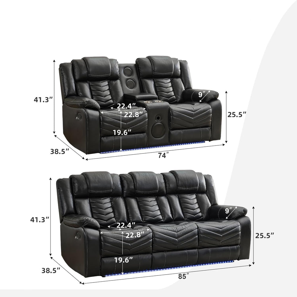 KEIKI 2-Piece Power Reclining Sofa Sets, Technical Leather Loveseat Sofa & 3 Seat Sofa, Living Room Furniture Set with Electric Recliners, Wireless Charger, Cup Holder, Storage Armrest, Black